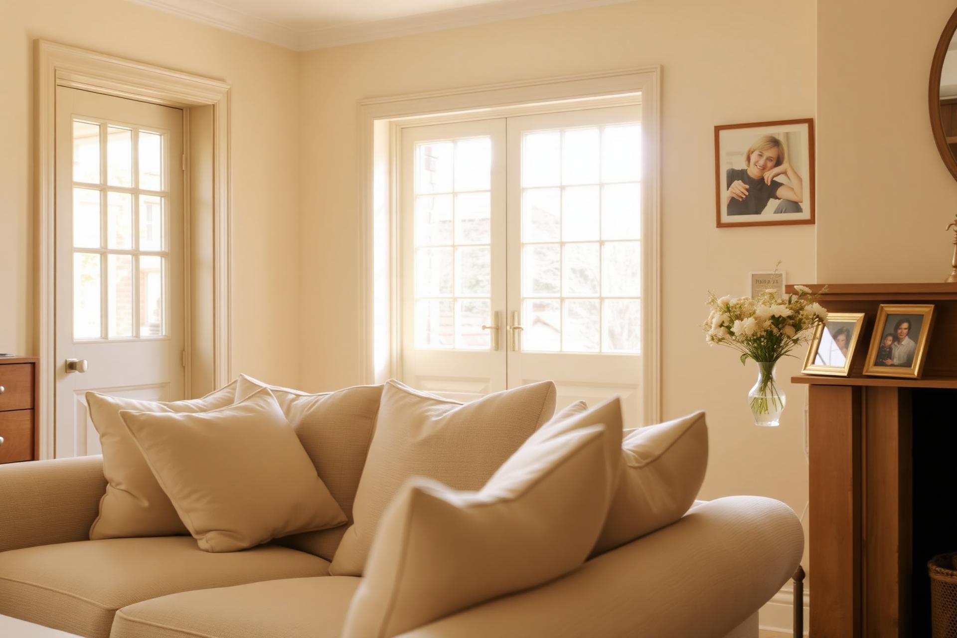 Sunlit English family living room with cream sofa and family photographs